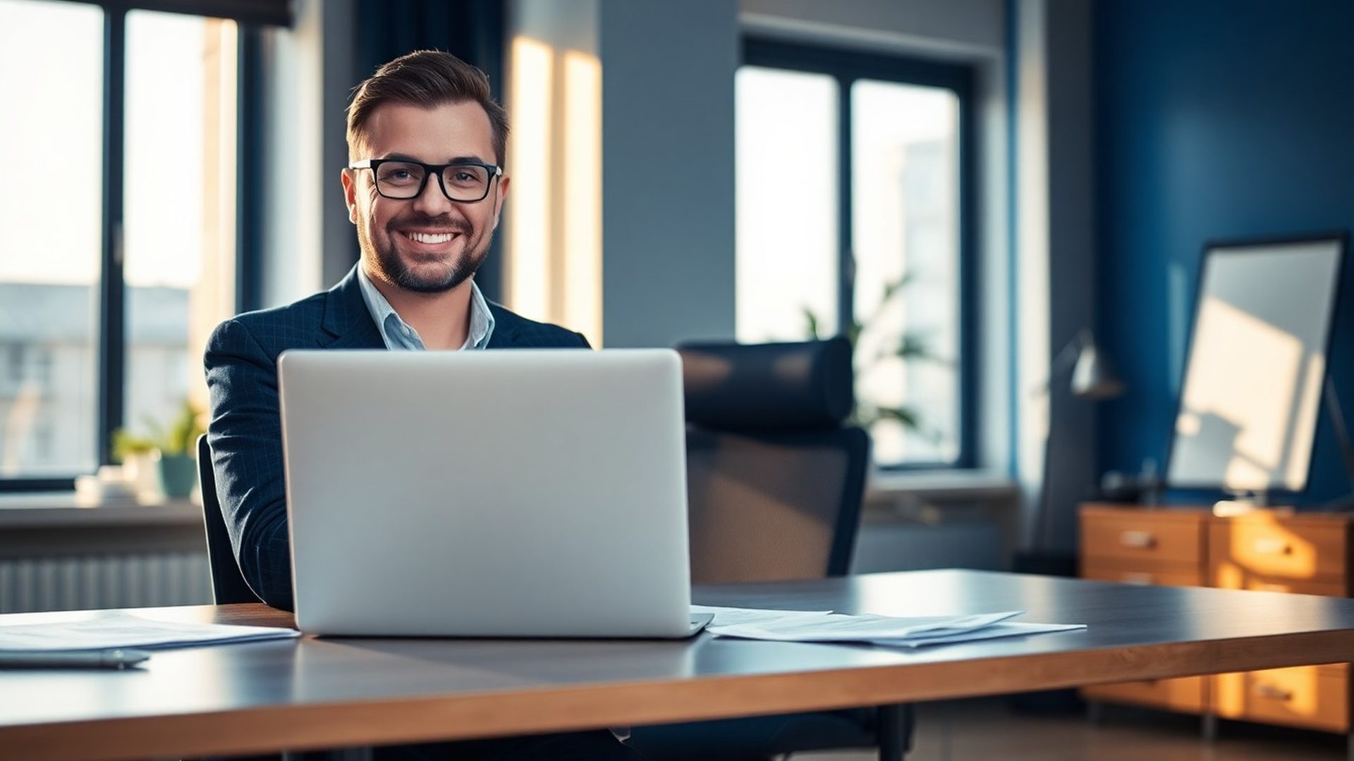 Consultant fiscal la birou în Cluj-Napoca, laptop și documente pe desk, lumină naturală